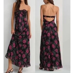 For Love & Lemons Black Rose Print Strapless Maxi Dress S Romantic Evening